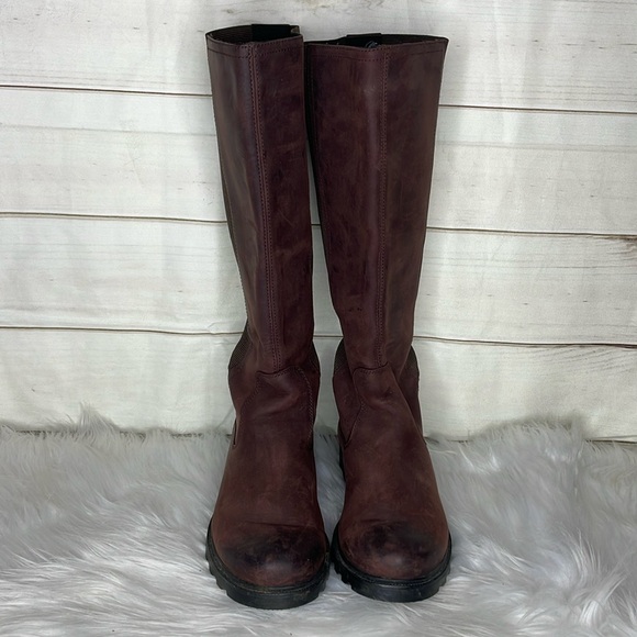 Sorel Ainsley Tall Knee Boots Burgundy Maroon Red Leather Round Toe Flat 8 Women - Picture 2 of 10